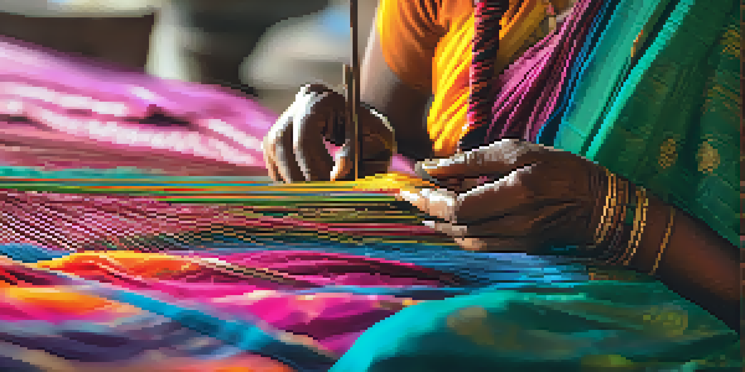 A skilled artisan weaving a colorful silk saree, with intricate patterns and textures illuminated by soft sunlight.