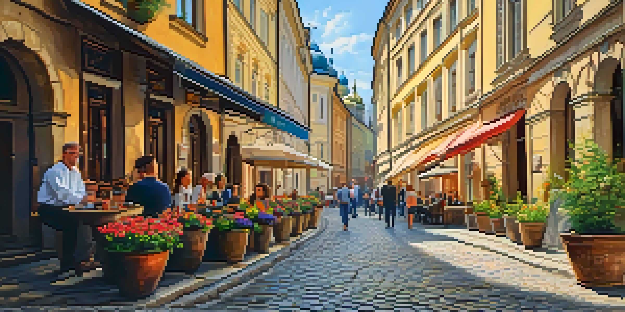 A vibrant cobblestone street in Lviv, Ukraine, filled with colorful buildings and people enjoying the atmosphere.