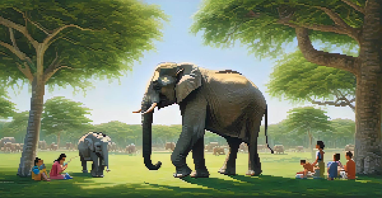 A majestic elephant in a sanctuary, playfully interacting with caregivers and toys in a spacious green area under a clear blue sky.