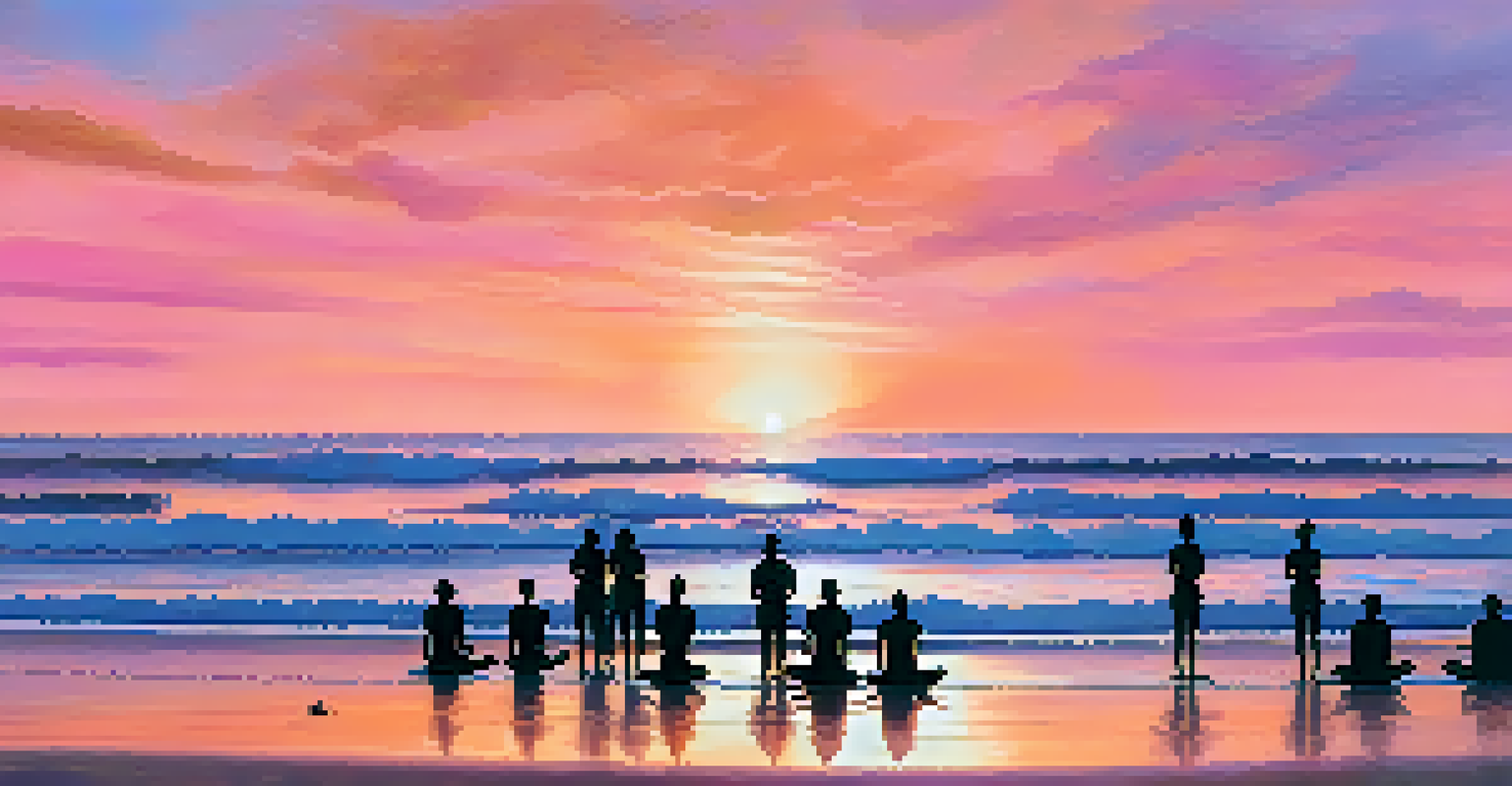A group of people practicing yoga on a beach at sunset, with vibrant colors in the sky and gentle waves in the background.