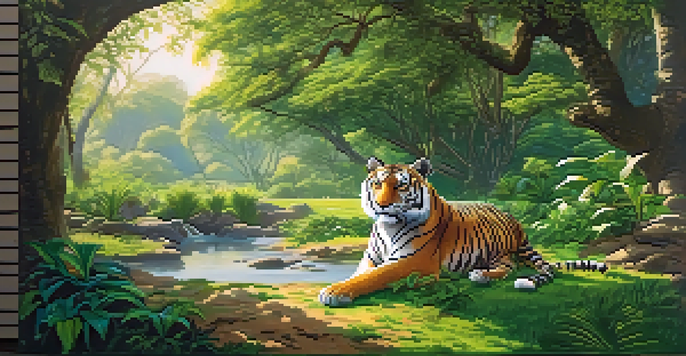 A Bengal tiger resting under a tree in an Indian wildlife sanctuary, surrounded by lush greenery and colorful flowers.