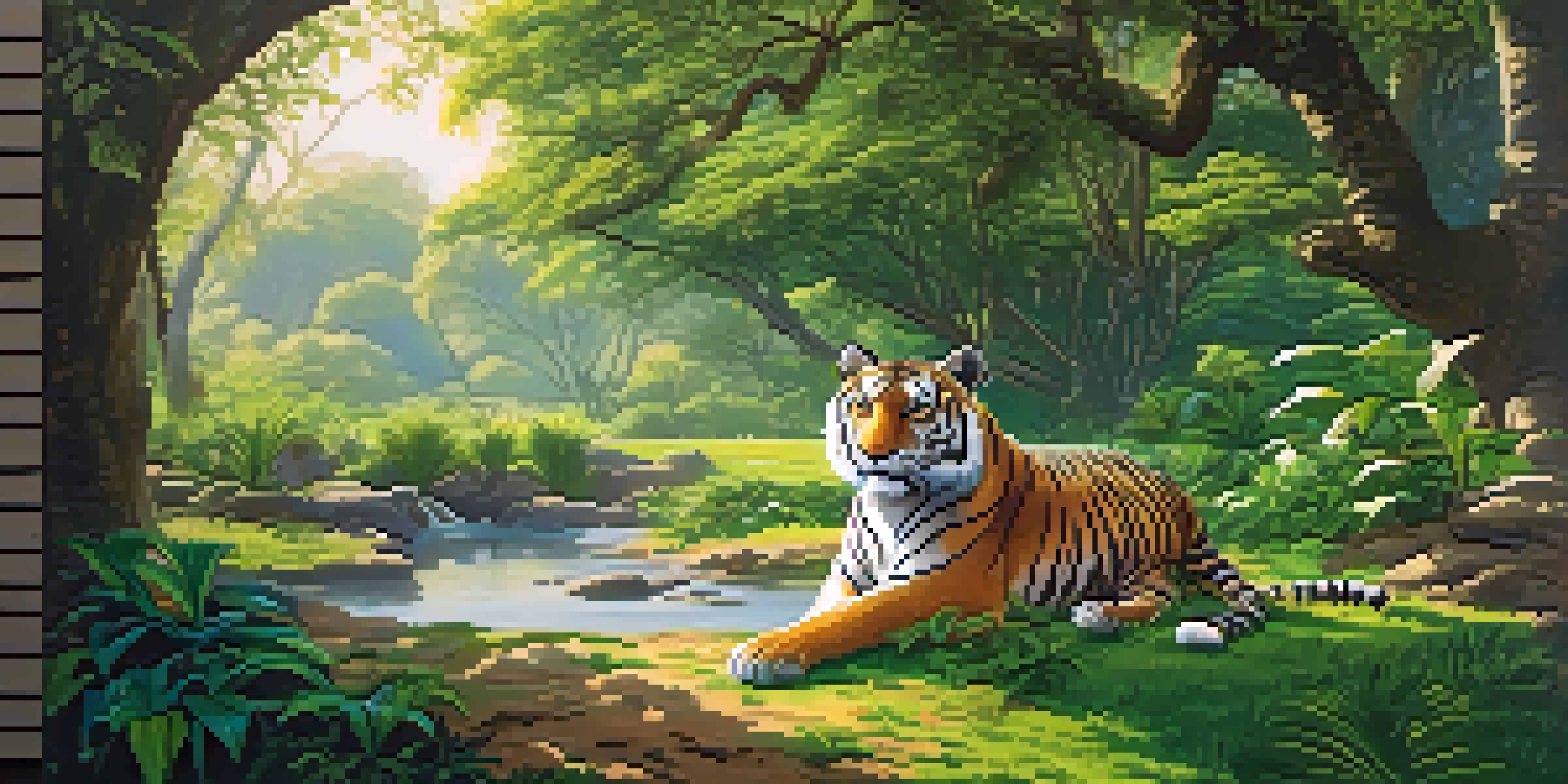 A Bengal tiger resting under a tree in an Indian wildlife sanctuary, surrounded by lush greenery and colorful flowers.