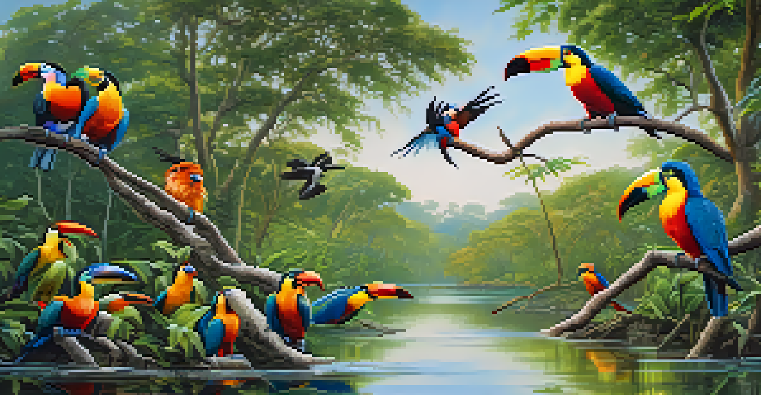 A colorful gathering of birds in the Pantanal wetlands, surrounded by lush greenery and reflecting water.