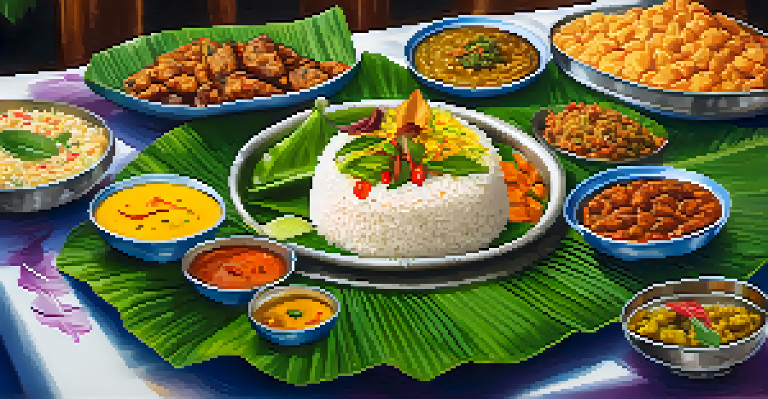 A traditional Kerala sadya feast displayed on a banana leaf, with a variety of colorful vegetarian dishes.