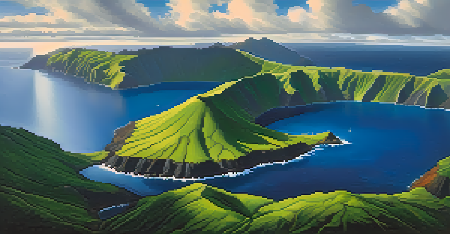 Aerial view of the Azores featuring green hills, blue lakes, and dramatic cliffs by the ocean.