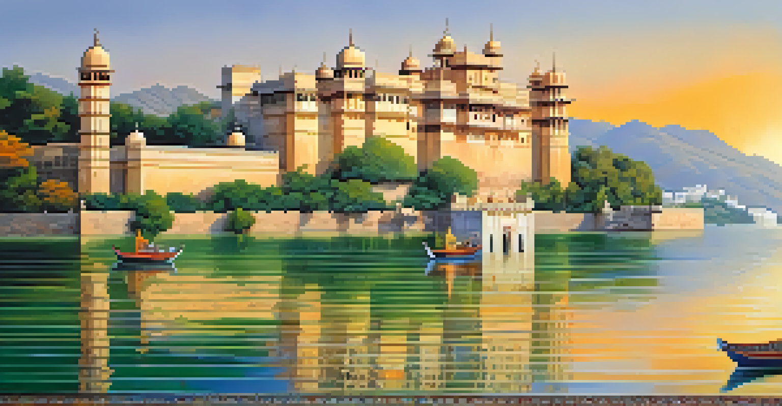 Udaipur City Palace by Lake Pichola at sunset, showcasing Mughal and Rajput architectural styles.