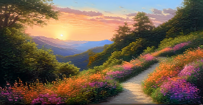 A peaceful landscape with a winding path and a lone pilgrim walking, surrounded by greenery and colorful wildflowers under a sunset sky.