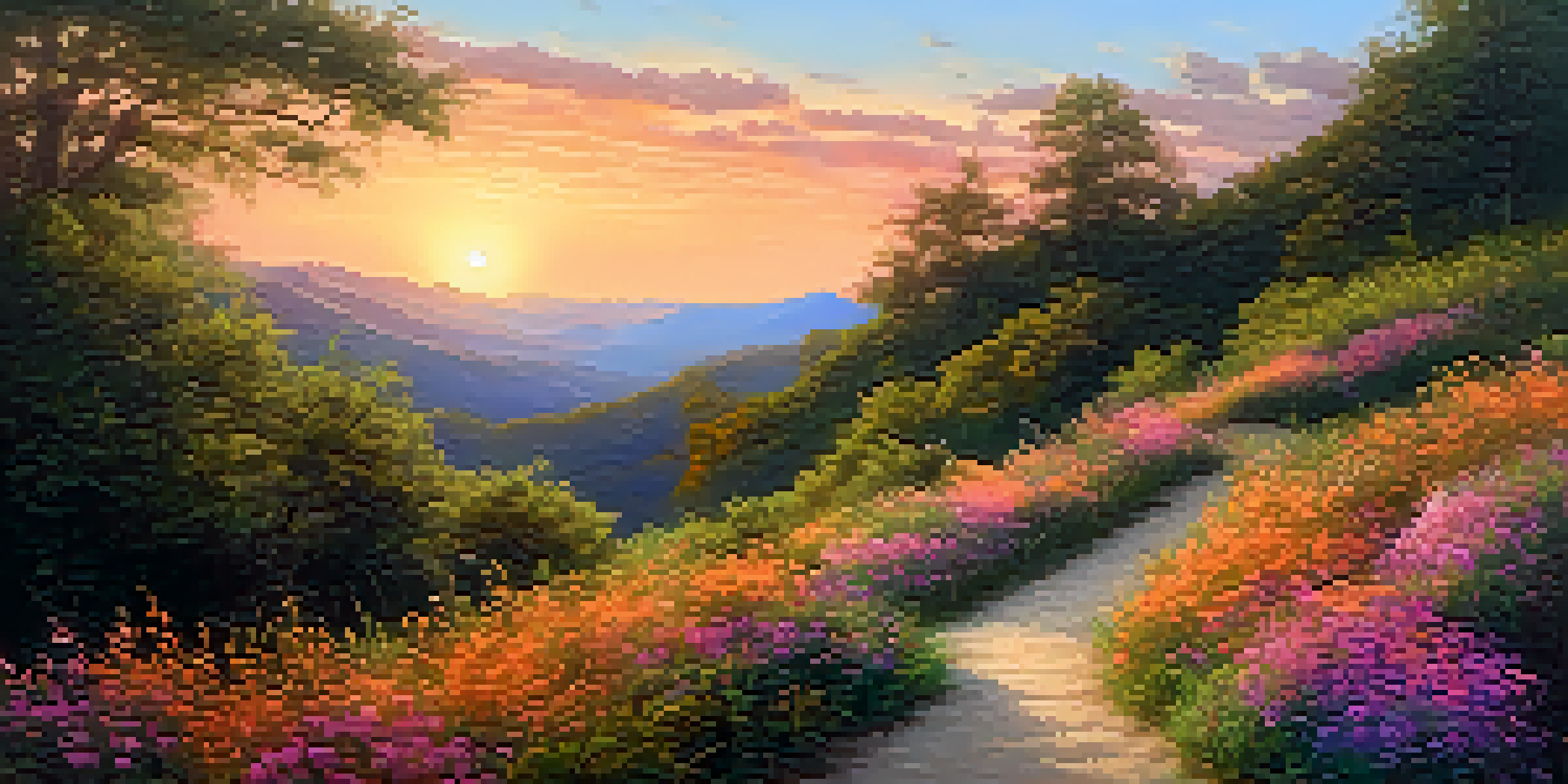 A peaceful landscape with a winding path and a lone pilgrim walking, surrounded by greenery and colorful wildflowers under a sunset sky.