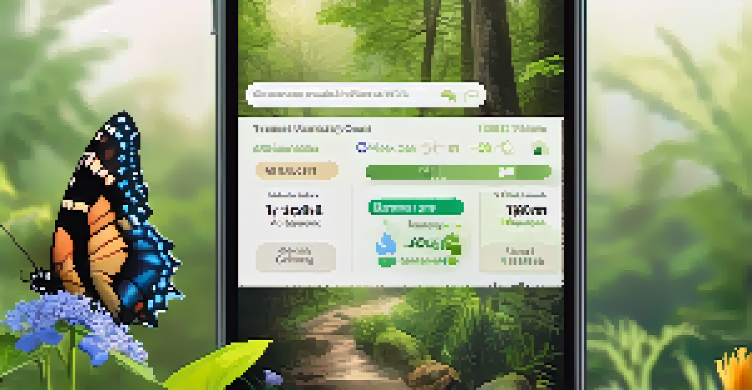 A close-up of a mobile app showing information about wildlife species, set against a vibrant forest background.