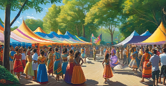 A lively art festival with artists painting a mural and performers dancing, surrounded by an engaged crowd and colorful decorations.