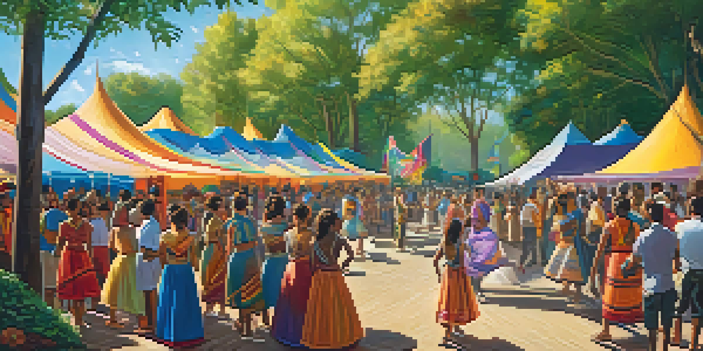 A lively art festival with artists painting a mural and performers dancing, surrounded by an engaged crowd and colorful decorations.