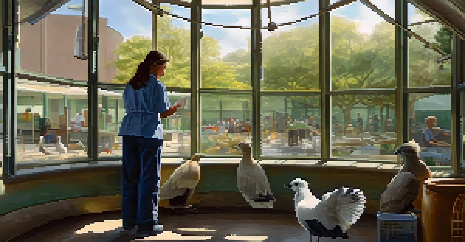 A volunteer at a wildlife rehabilitation center examining an injured bird in a bright treatment area with urban views outside.