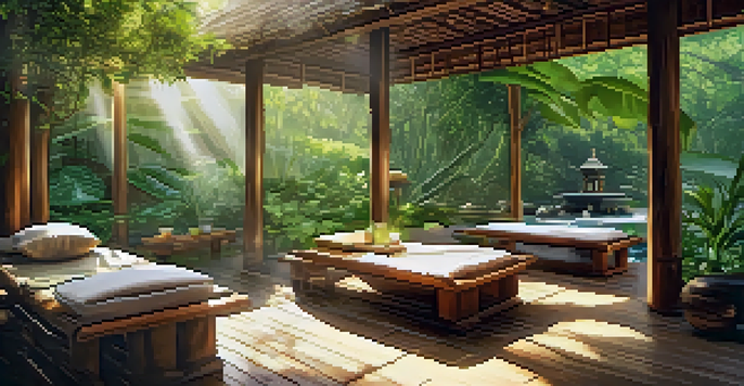 A peaceful Ayurvedic Panchakarma center surrounded by greenery, with a treatment area and a water feature.