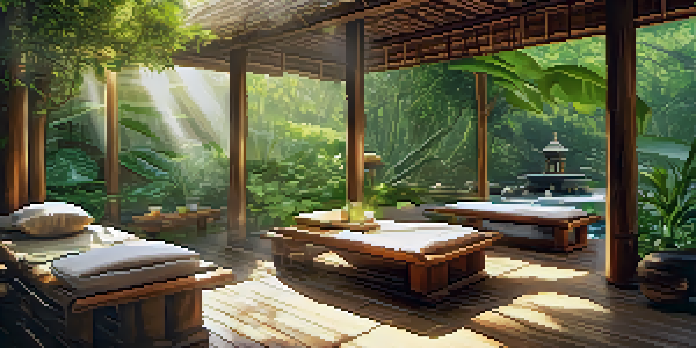 A peaceful Ayurvedic Panchakarma center surrounded by greenery, with a treatment area and a water feature.