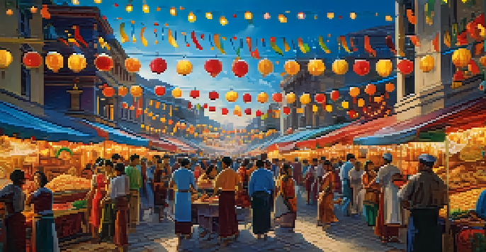 A lively festival with traditional dancers and colorful decorations, showcasing local culture and food stalls.