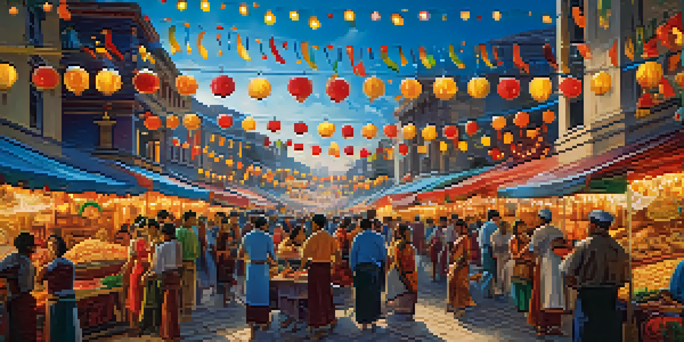 A lively festival with traditional dancers and colorful decorations, showcasing local culture and food stalls.