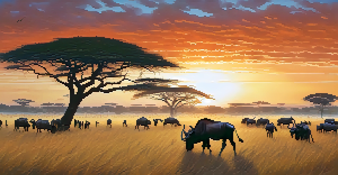 A colorful sunrise over the Maasai Mara with wildebeests grazing and Maasai warriors in traditional attire.