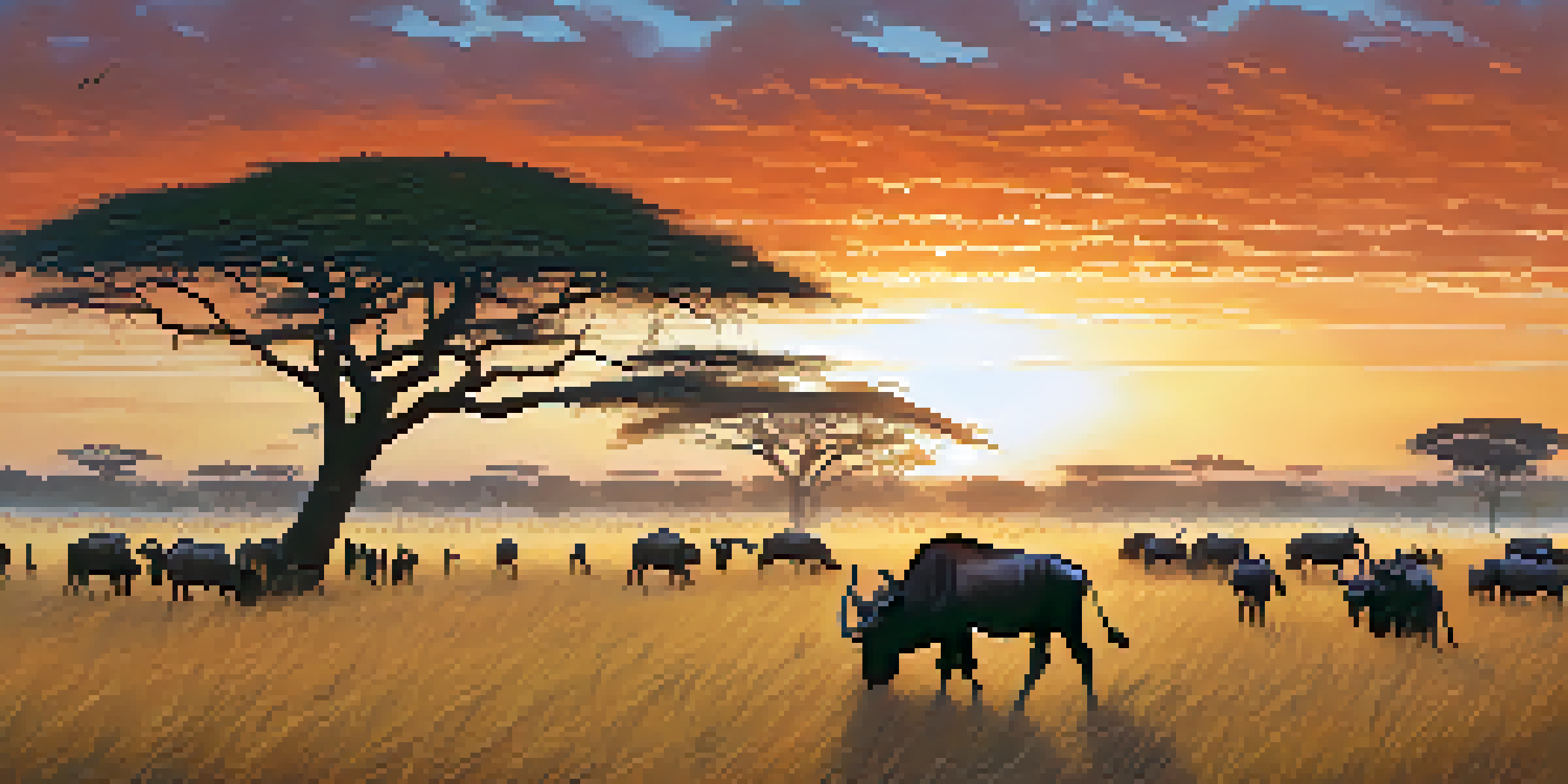 A colorful sunrise over the Maasai Mara with wildebeests grazing and Maasai warriors in traditional attire.