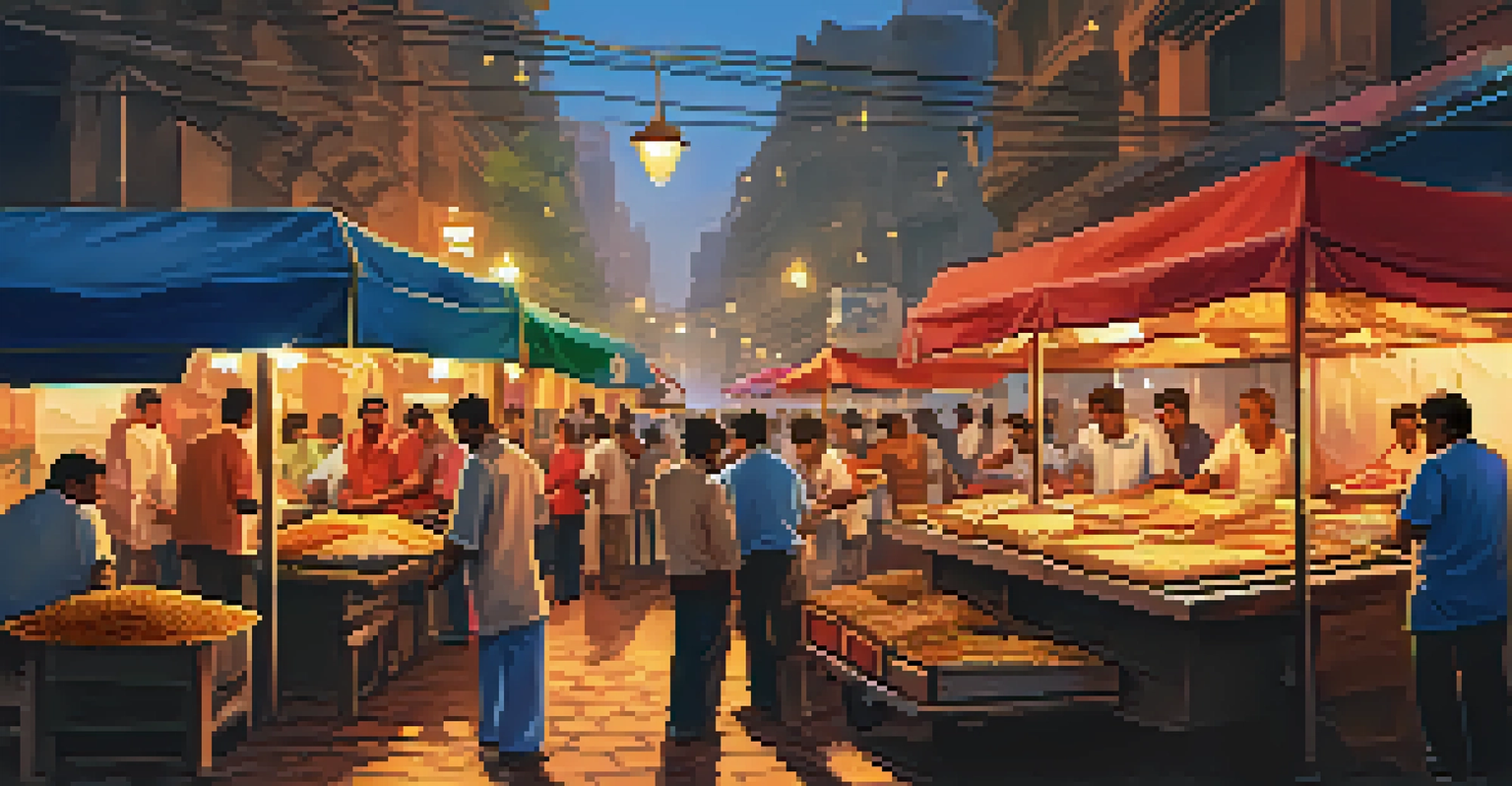 A lively street food market in Mumbai with colorful stalls and vendors serving Indian snacks to excited tourists.