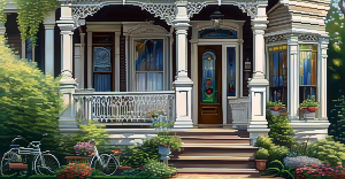 A restored Victorian home with stained glass windows, a blooming garden, and a vintage bicycle by the porch, illuminated by afternoon sunlight.