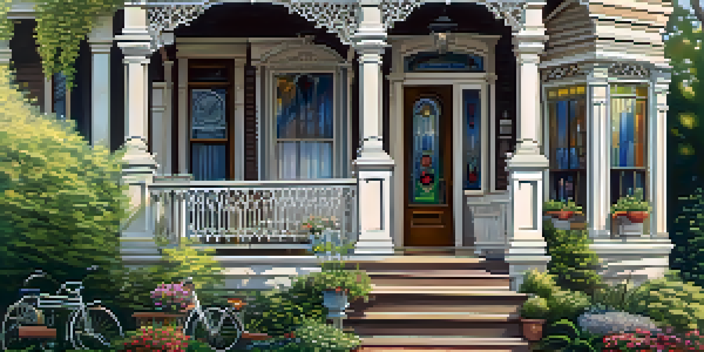 A restored Victorian home with stained glass windows, a blooming garden, and a vintage bicycle by the porch, illuminated by afternoon sunlight.