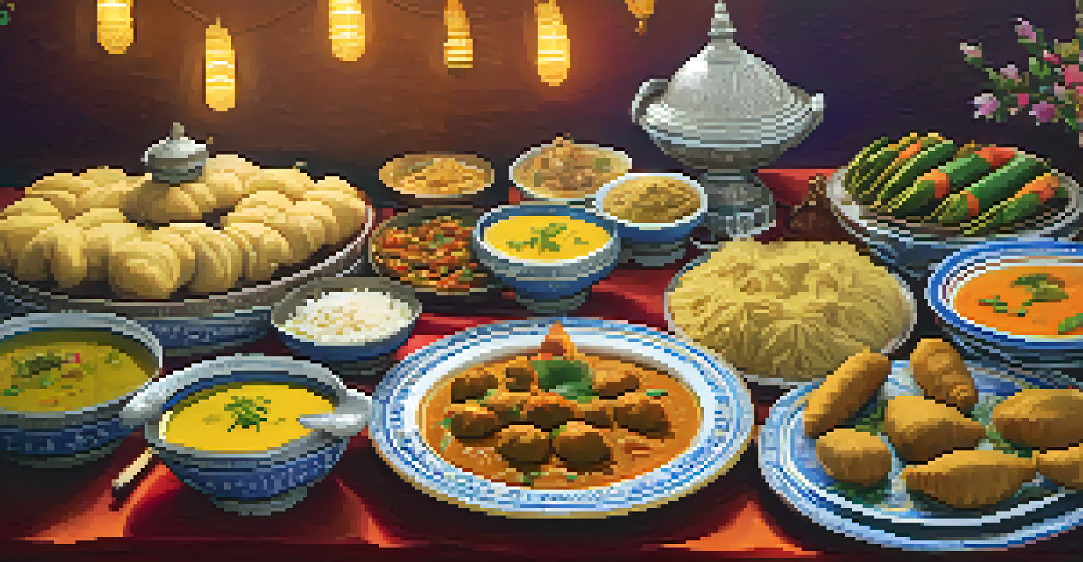 A beautifully arranged table with traditional Bengali dishes at a food festival, featuring fish curry, rasgulla, and puchka.