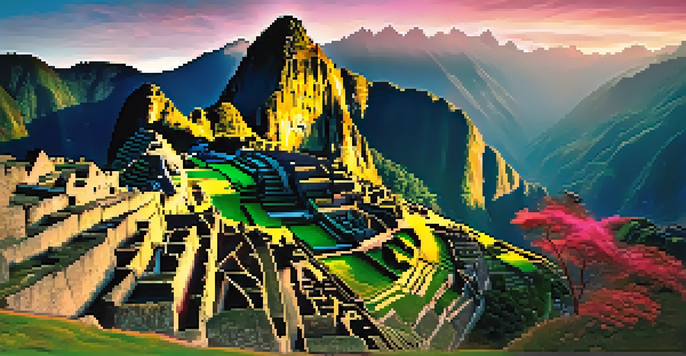 A tranquil sunrise over Machu Picchu, with mist and travelers meditating in the foreground.