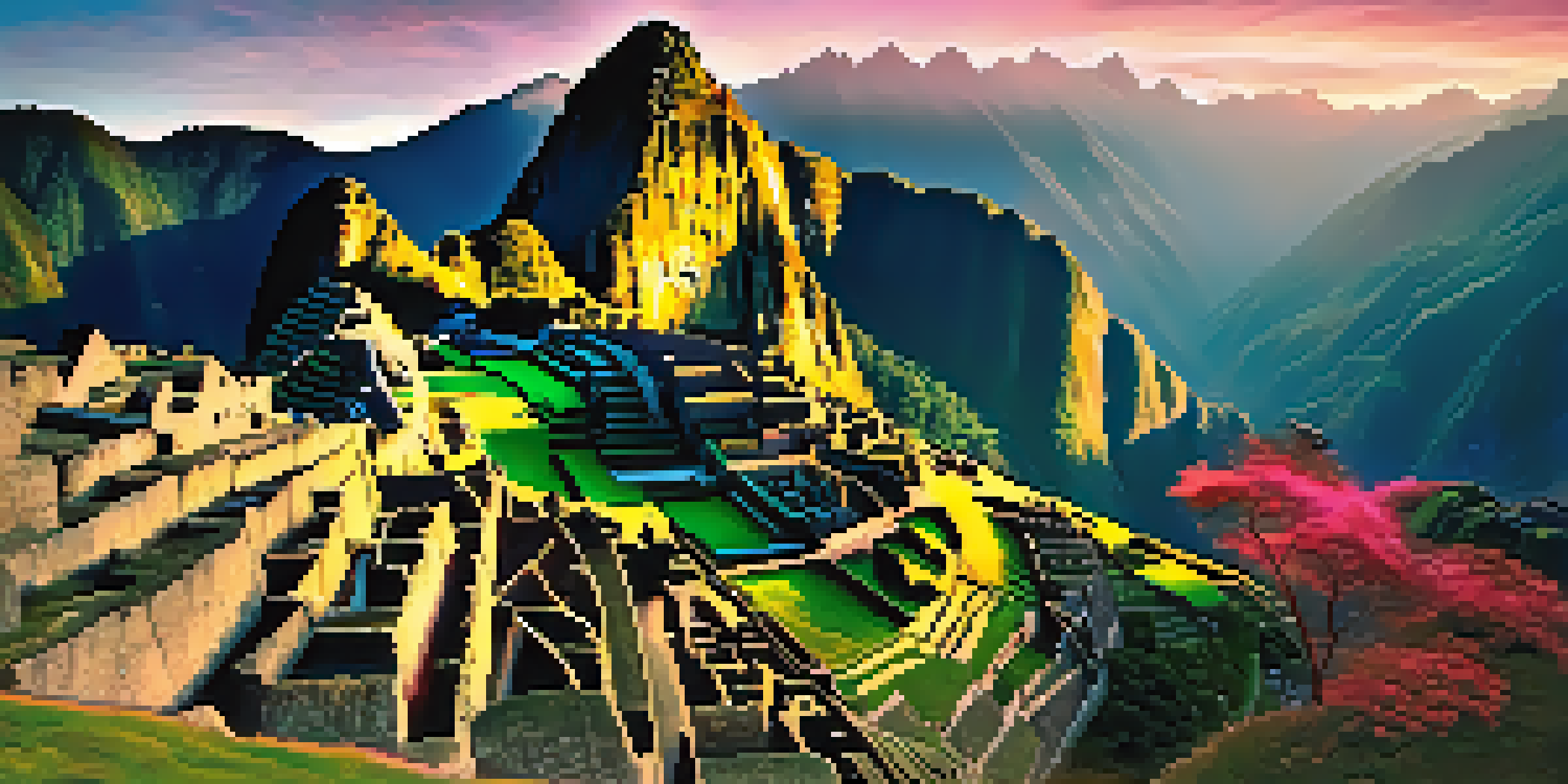 A tranquil sunrise over Machu Picchu, with mist and travelers meditating in the foreground.