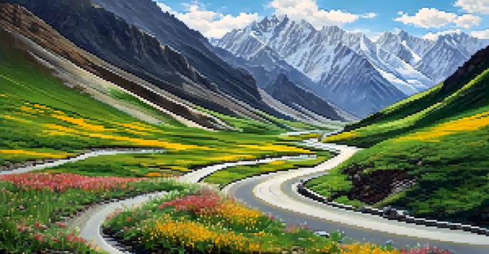 A sweeping landscape of the Manali-Leh Highway with snow-capped mountains, green valleys, and winding roads under a warm sun.