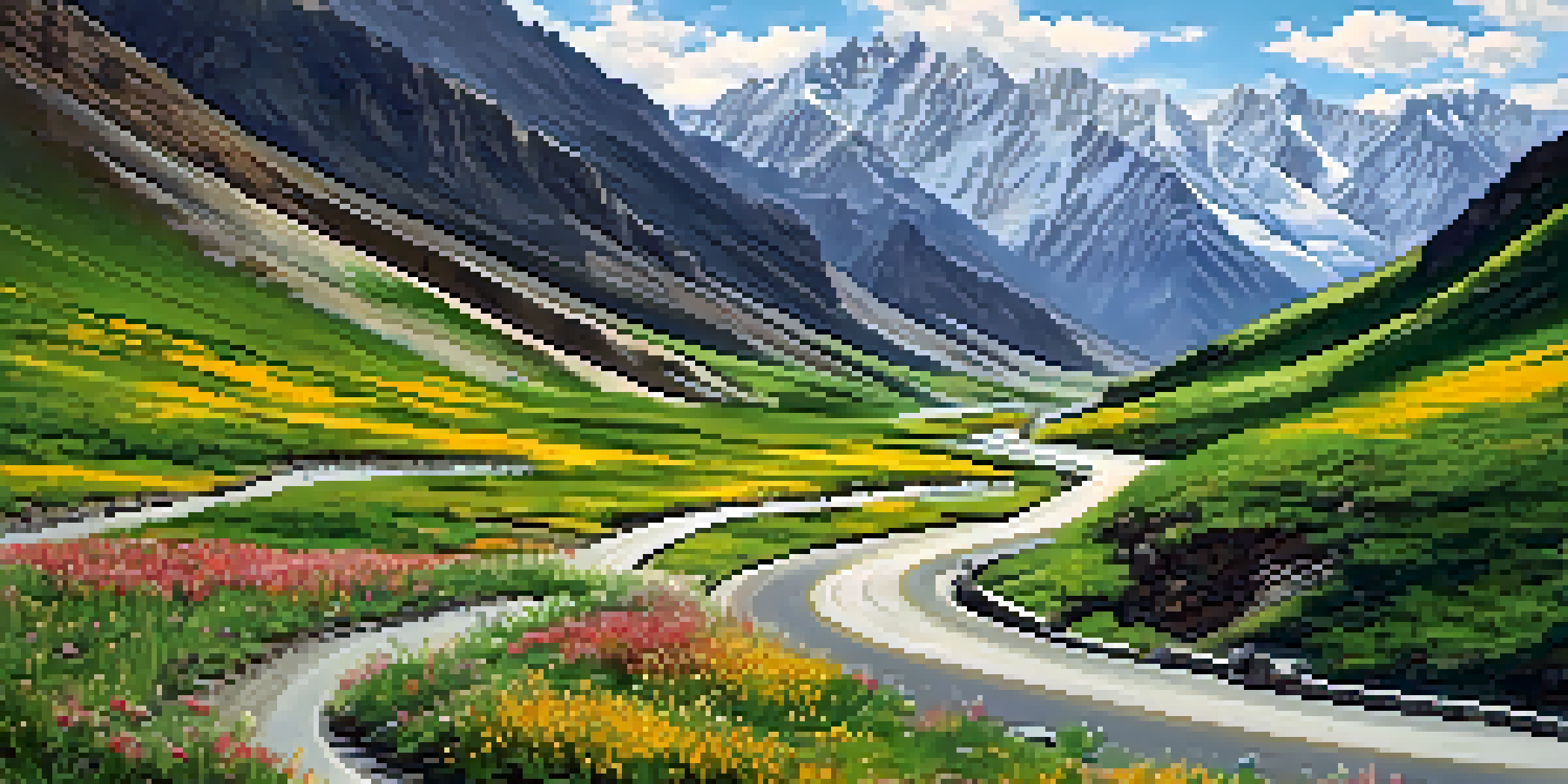 A sweeping landscape of the Manali-Leh Highway with snow-capped mountains, green valleys, and winding roads under a warm sun.