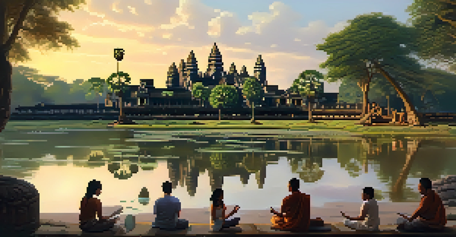 Angkor Wat temple at golden hour, with travelers meditating in the foreground.