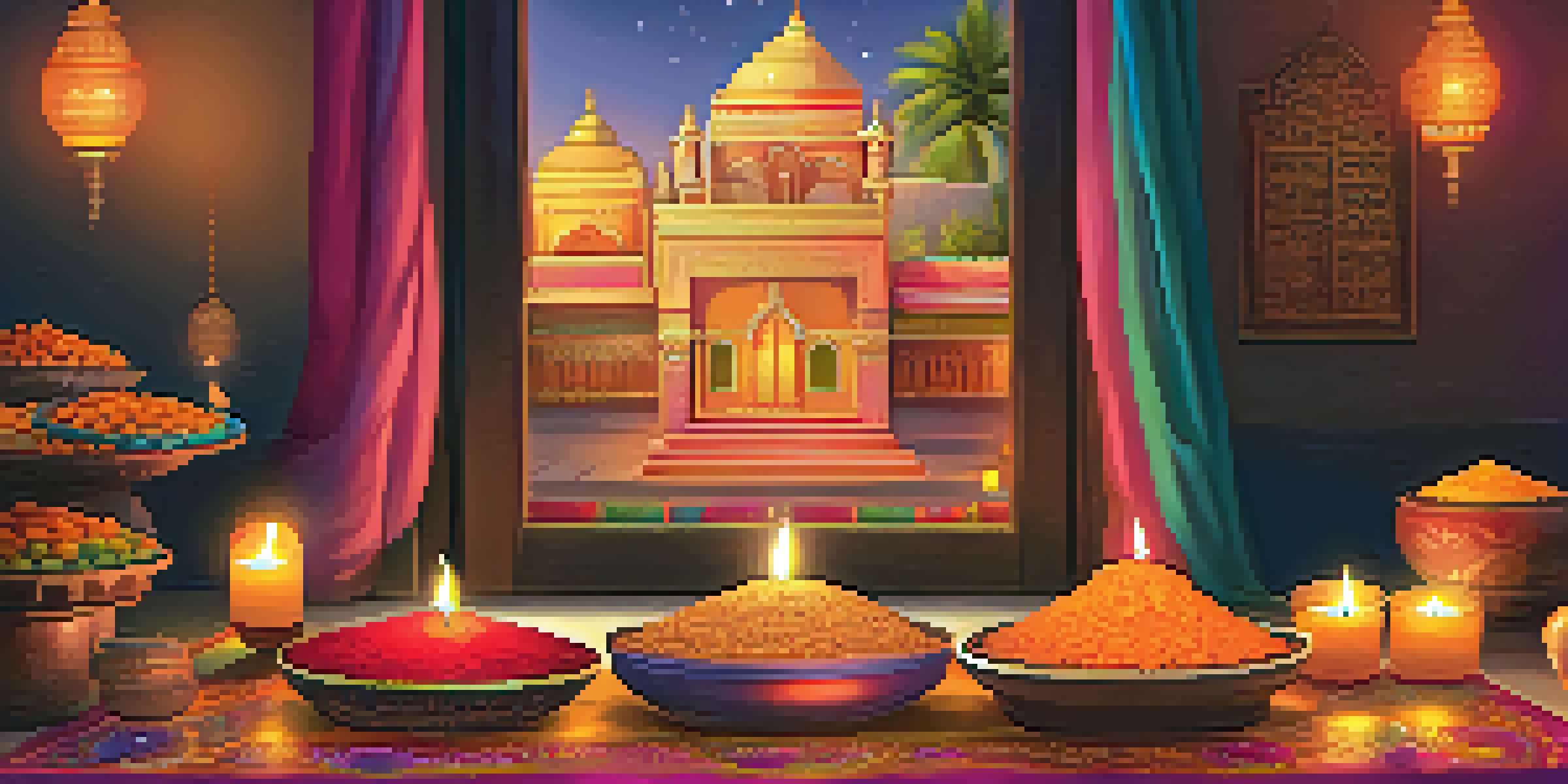 A festive Indian home decorated for Diwali with rangoli, diyas, and traditional sweets.