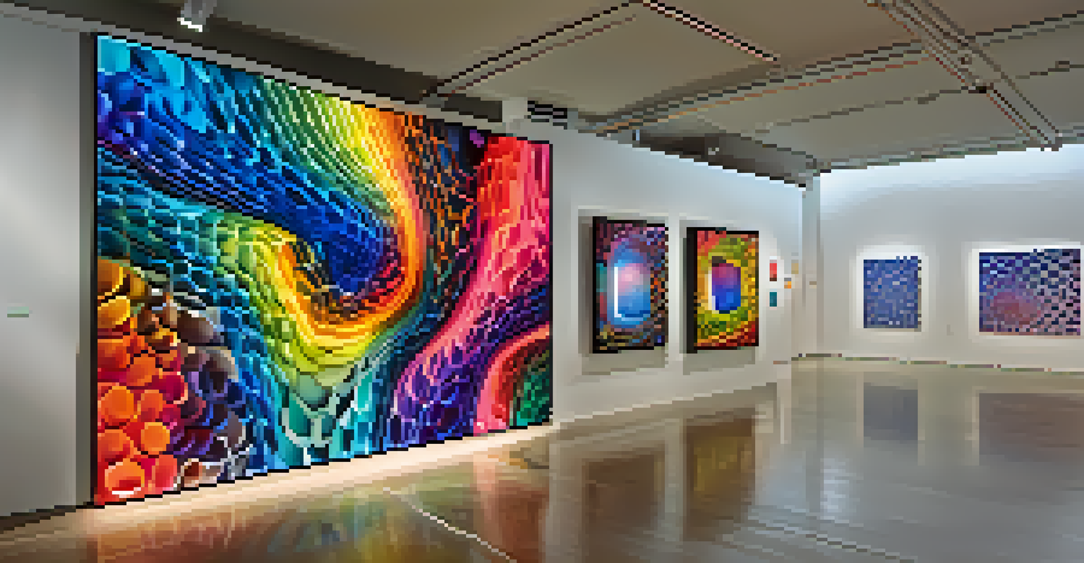 Close-up of a digital art installation in a modern gallery, featuring vibrant colors and intricate patterns with viewers admiring it.