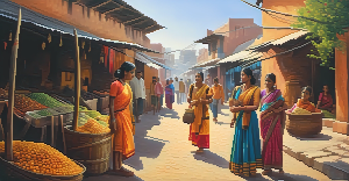 A family walking through a colorful Indian village, engaging with local vendors and enjoying the traditional architecture.