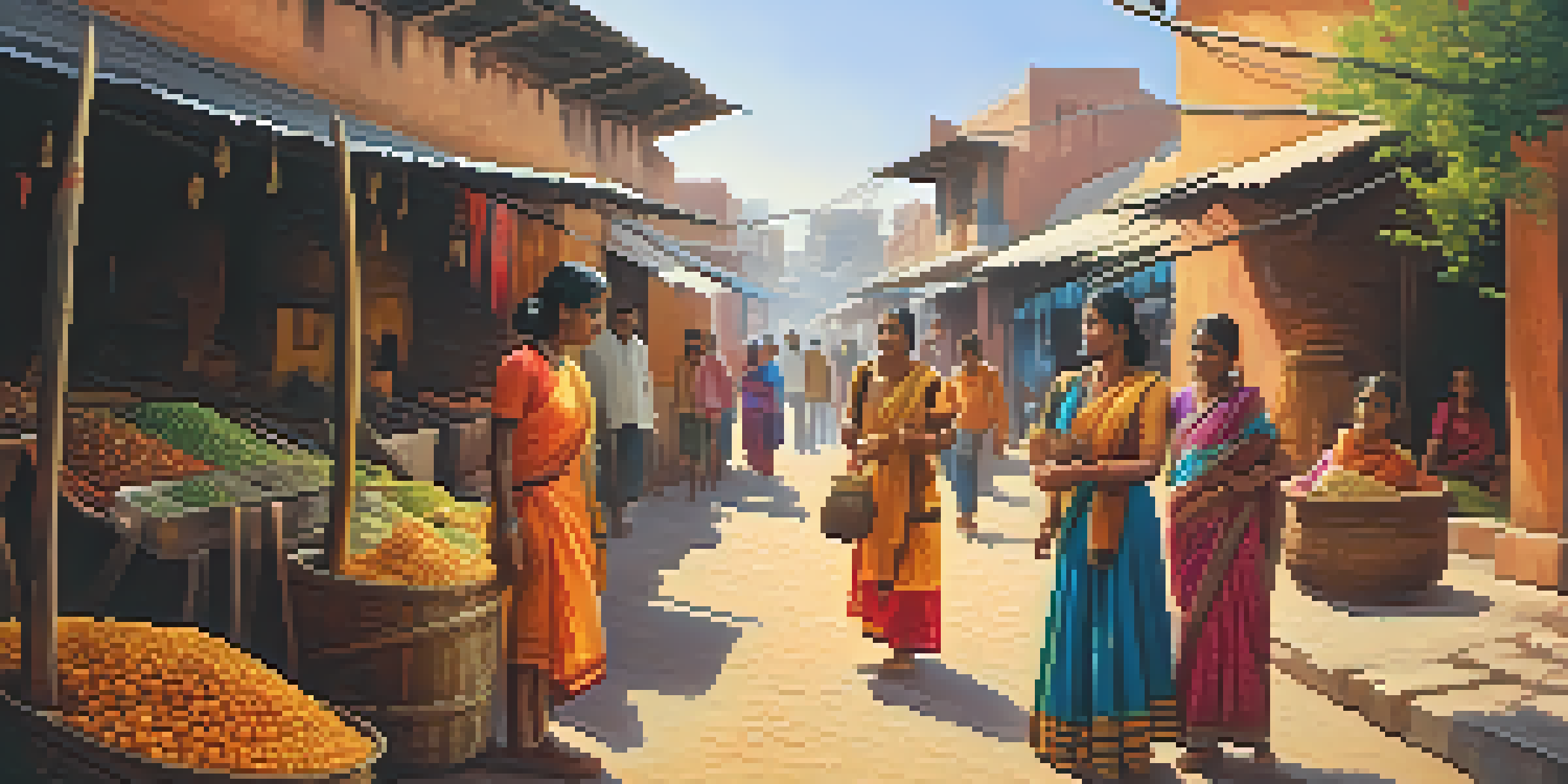 A family walking through a colorful Indian village, engaging with local vendors and enjoying the traditional architecture.