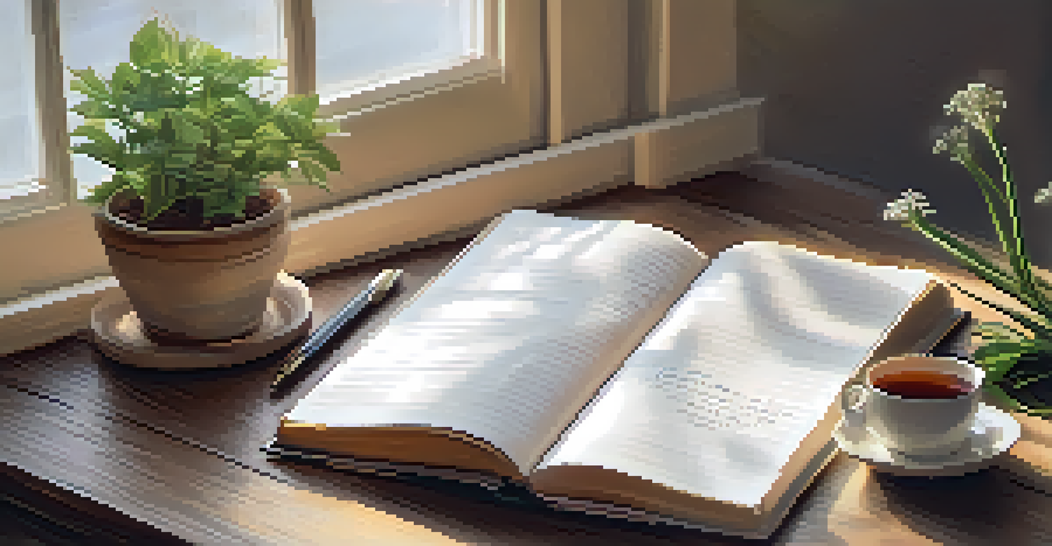An open gratitude journal on a wooden table with a cup of tea and a small plant, symbolizing positivity and reflection.