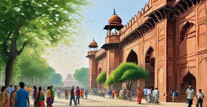 A heritage trail in Delhi with Red Fort in the background and tourists walking along a cobblestone path.