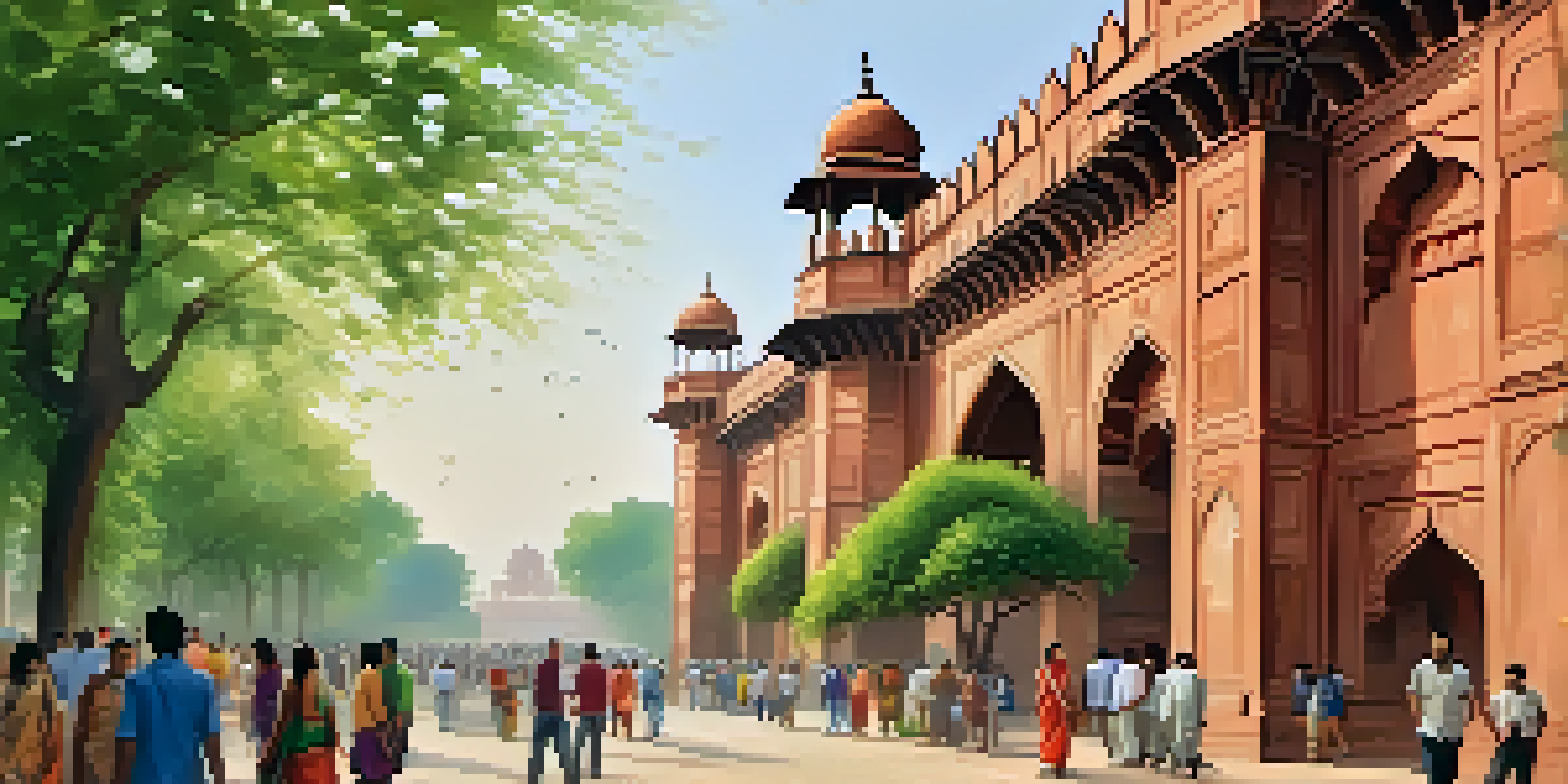 A heritage trail in Delhi with Red Fort in the background and tourists walking along a cobblestone path.