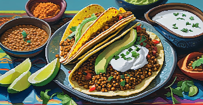 A plate of masala tacos filled with lentils and avocado, set against a lively Indian market backdrop.