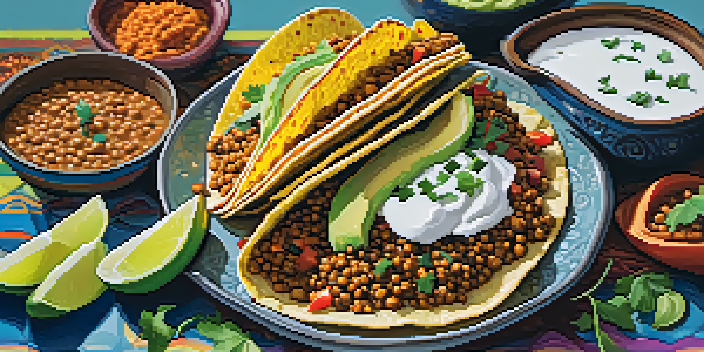 A plate of masala tacos filled with lentils and avocado, set against a lively Indian market backdrop.