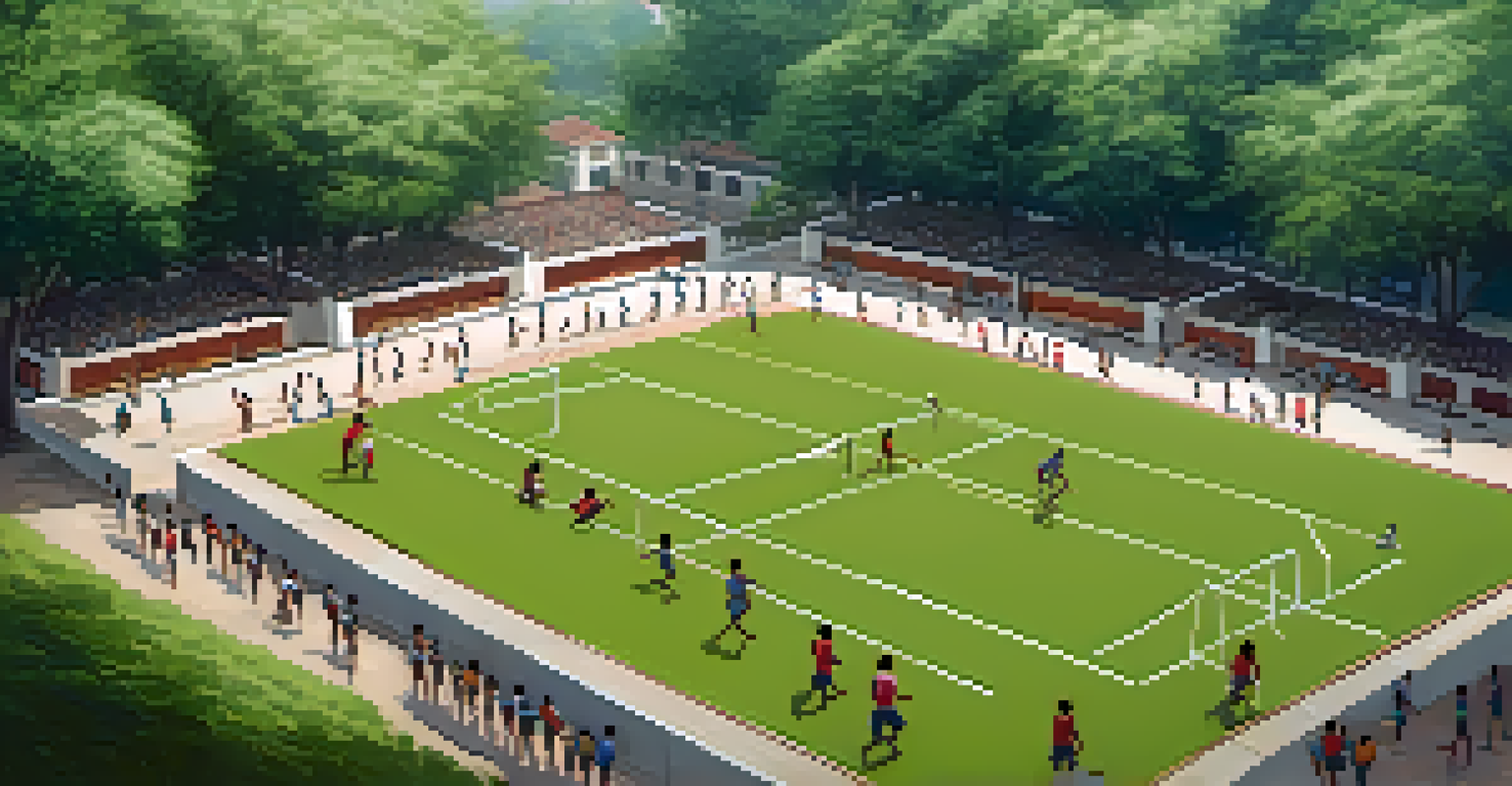 Aerial view of a Kho Kho field with players in action, surrounded by trees and spectators, showcasing its rectangular markings.