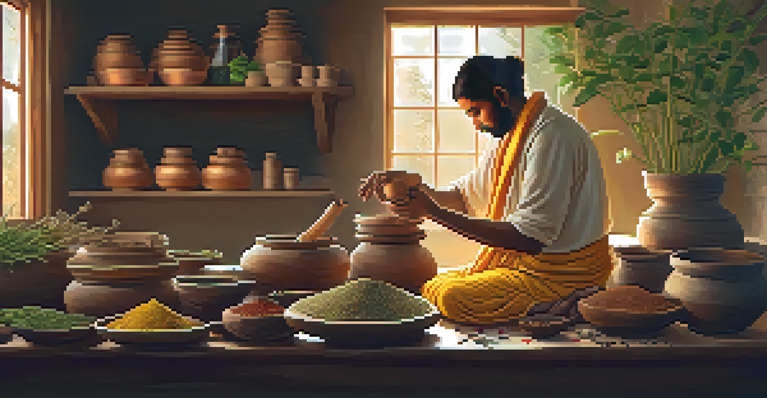 An Ayurvedic practitioner in a rustic kitchen preparing herbal remedies with vibrant spices and herbs.
