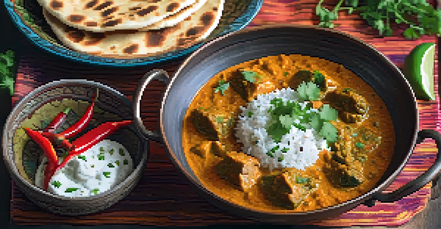 A plate of traditional Indian curry with naan and raita, beautifully arranged on a wooden table.