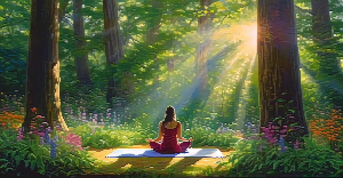 A person meditating in a tranquil forest, surrounded by greenery and colorful flowers, with sunlight filtering through the trees.