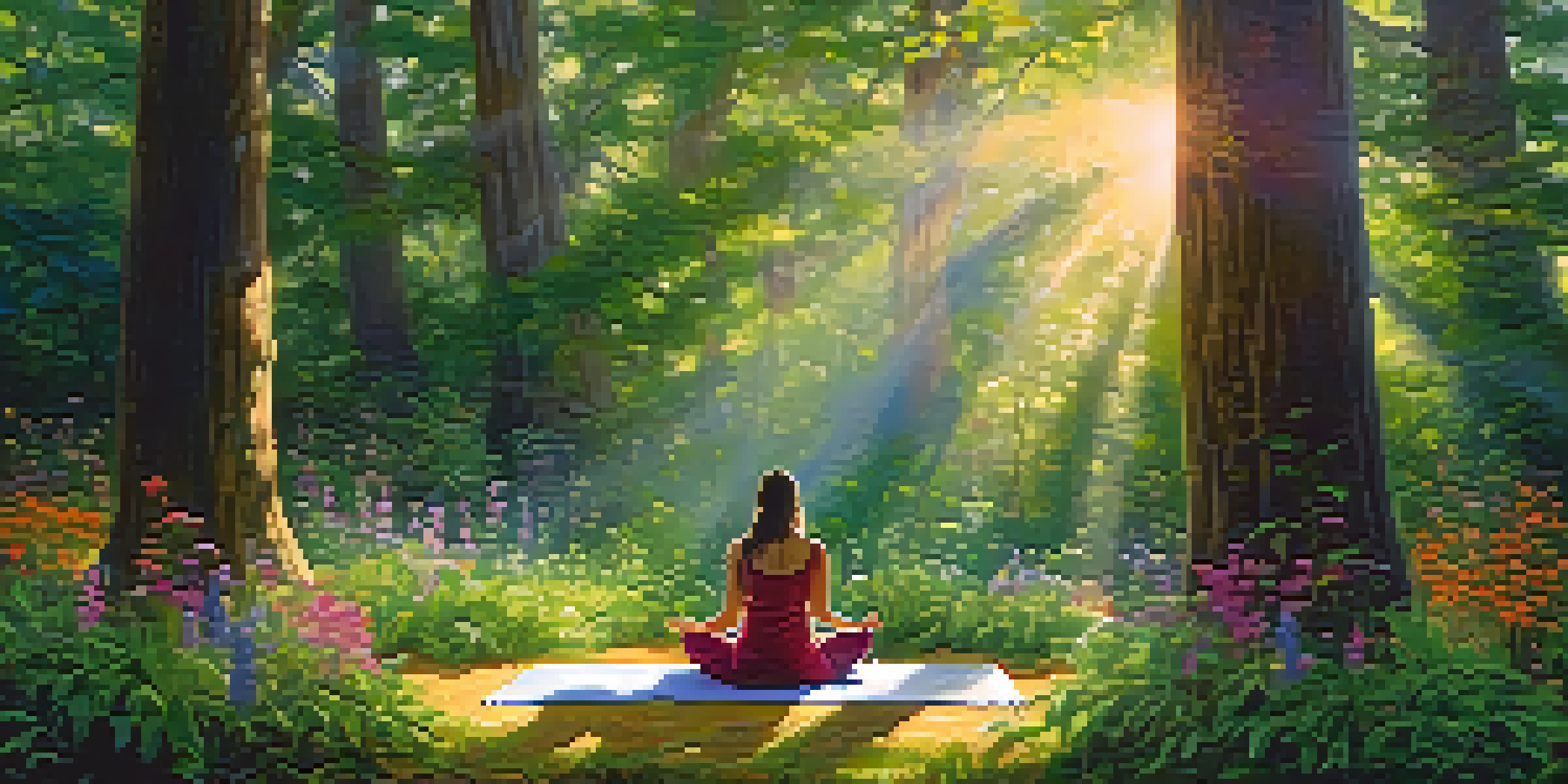 A person meditating in a tranquil forest, surrounded by greenery and colorful flowers, with sunlight filtering through the trees.