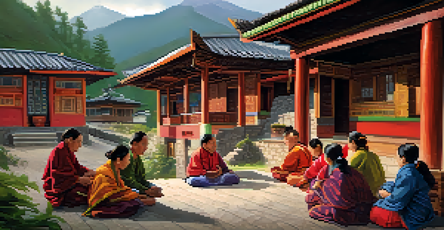 A cozy Sikkimese home with locals hosting travelers, featuring traditional decor and shared meals.