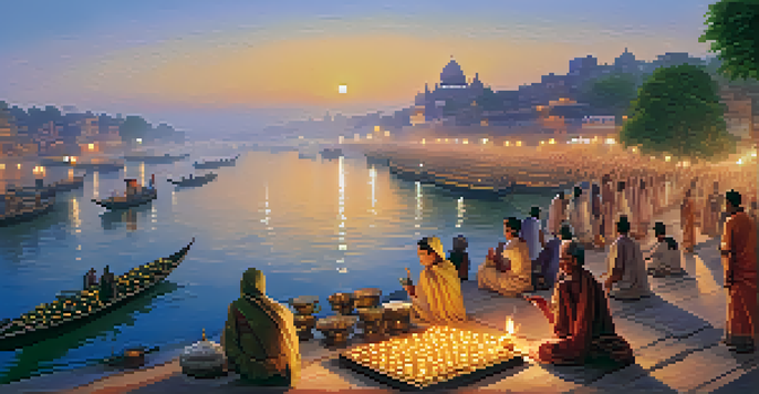 A tranquil scene of the Ganges River at dawn, featuring the Dashashwamedh Ghat with flickering lamps and people engaging in the morning aarti ceremony.