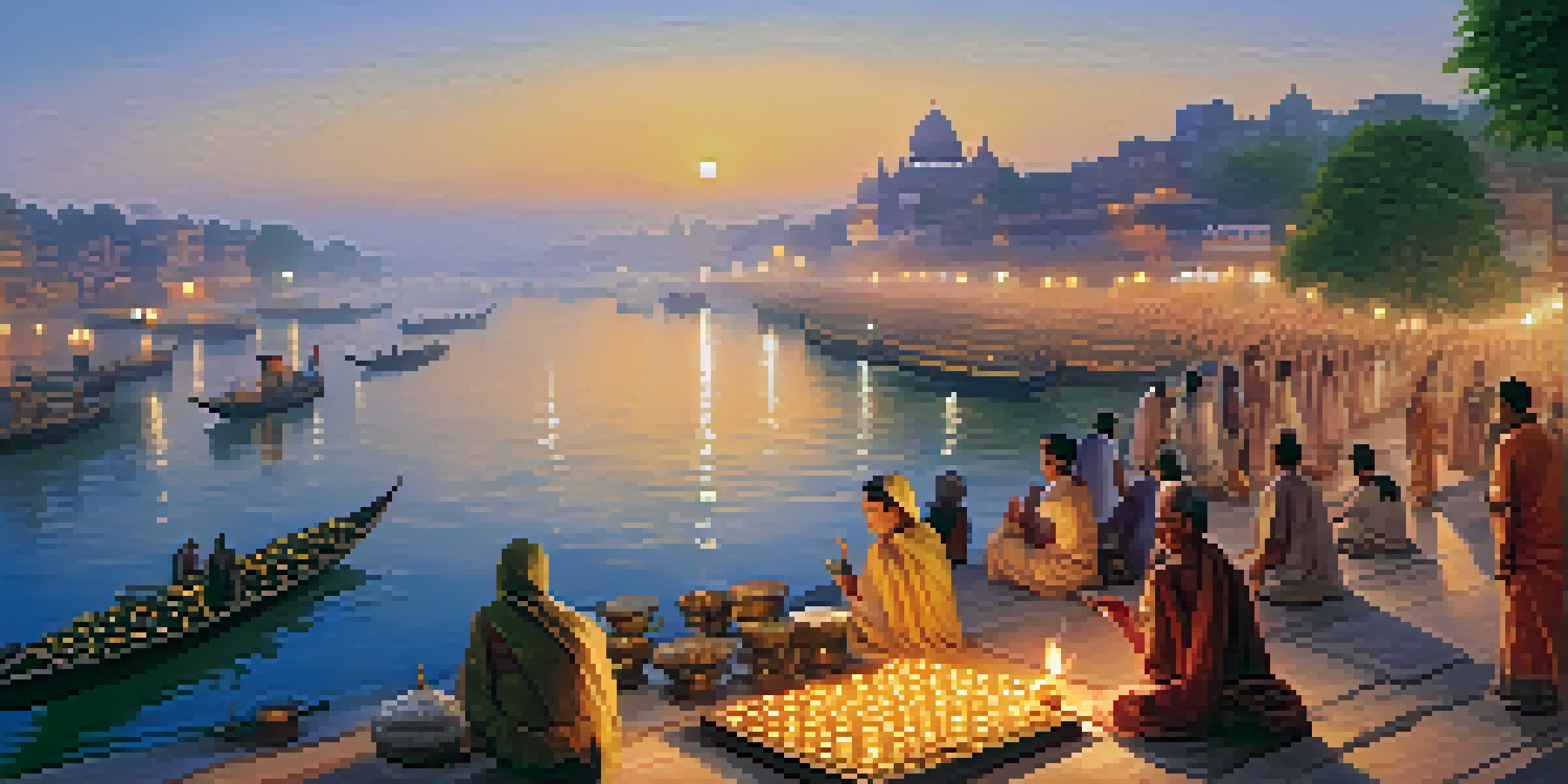 A tranquil scene of the Ganges River at dawn, featuring the Dashashwamedh Ghat with flickering lamps and people engaging in the morning aarti ceremony.