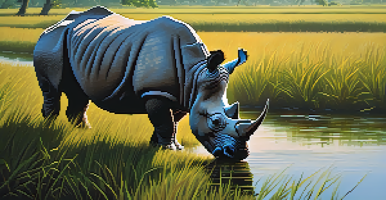 A one-horned rhinoceros in Kaziranga National Park, grazing in tall grass under warm sunlight, with a serene backdrop of lush vegetation.