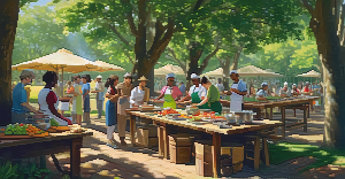 A diverse group of participants learning cooking in a vibrant outdoor workshop with colorful ingredients and a local chef in a sunny park.